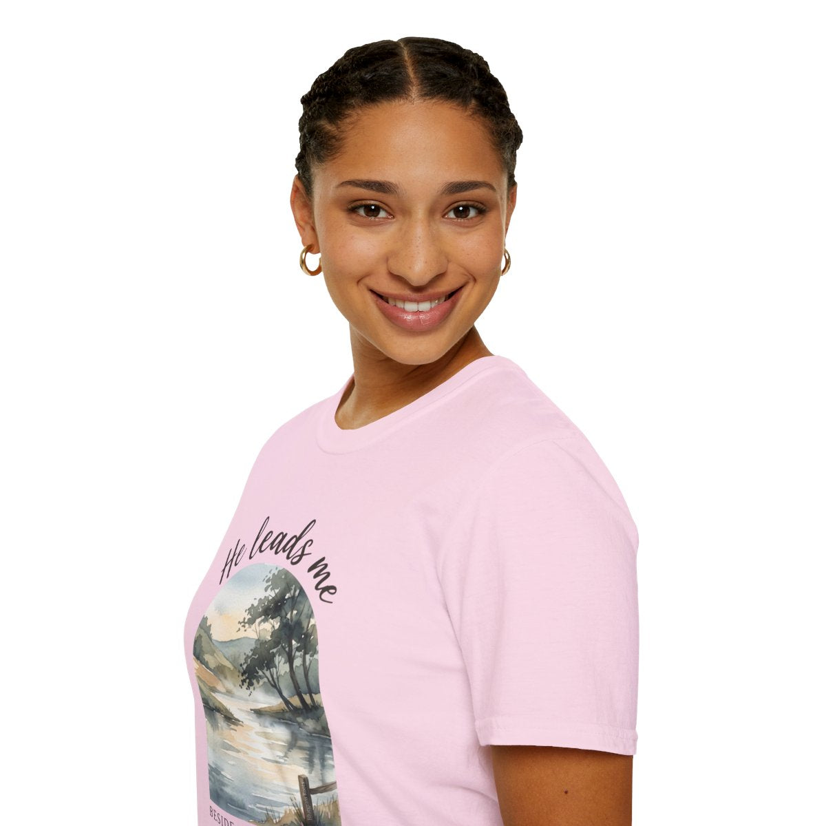 Bible Verse Shirt — Psalm 23 "Still Waters" Watercolor Tee in Light Pink