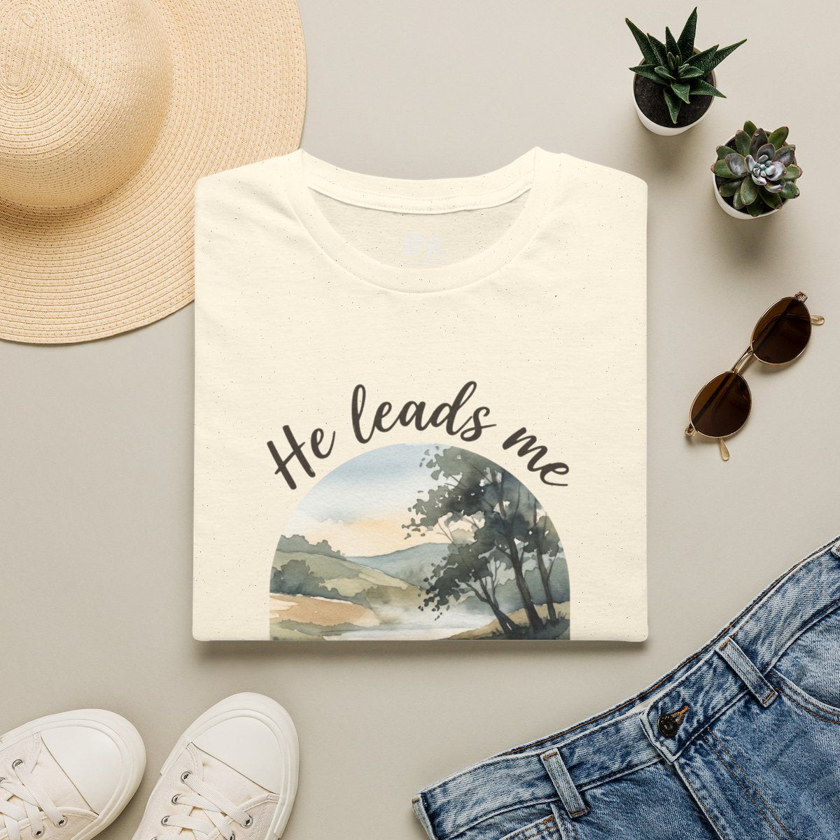 Bible Verse Shirt — Psalm 23 "Still Waters" Watercolor Tee in Natural