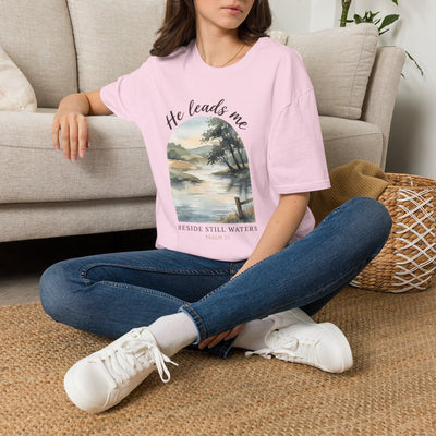 Bible Verse Shirt — Psalm 23 "Still Waters" Watercolor Tee in Light Pink
