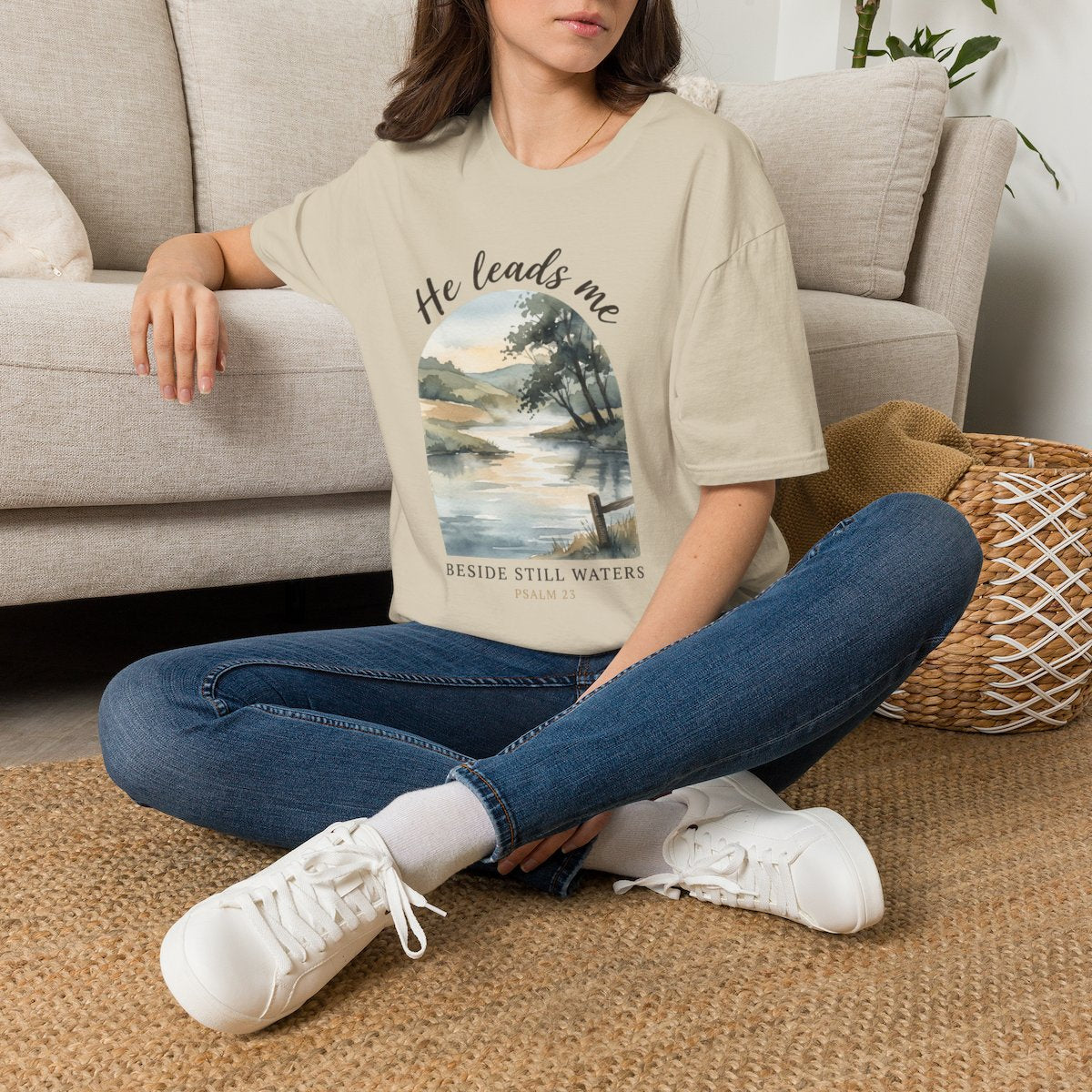 Bible Verse Shirt — Psalm 23 "Still Waters" Watercolor Tee in Sand