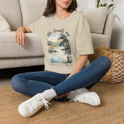 Bible Verse Shirt — Psalm 23 "Still Waters" Watercolor Tee in Sand