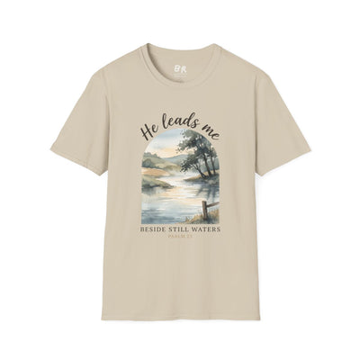Bible Verse Shirt — Psalm 23 "Still Waters" Watercolor Tee in Sand