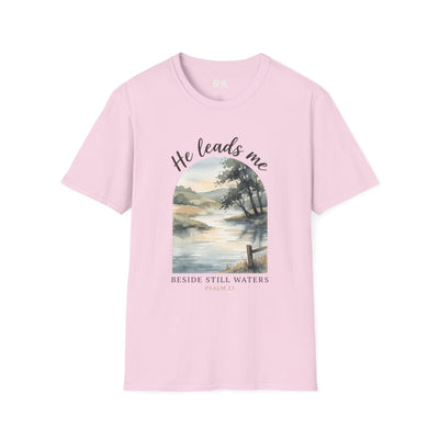 Bible Verse Shirt — Psalm 23 "Still Waters" Watercolor Tee in Light Pink