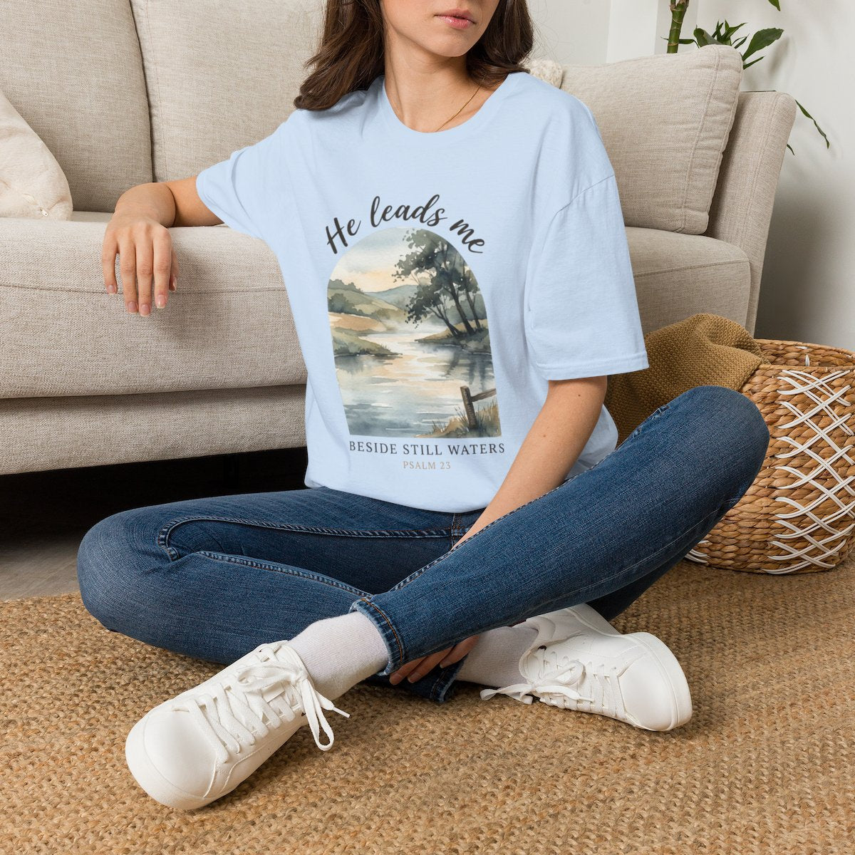 Bible Verse Shirt — Psalm 23 "Still Waters" Watercolor Tee in Light Blue