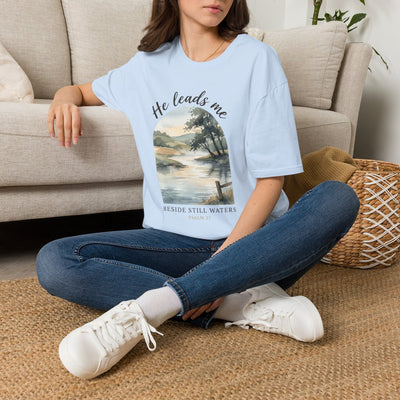Bible Verse Shirt — Psalm 23 "Still Waters" Watercolor Tee in Light Blue
