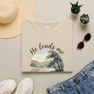Bible Verse Shirt — Psalm 23 "Still Waters" Watercolor Tee in Sand