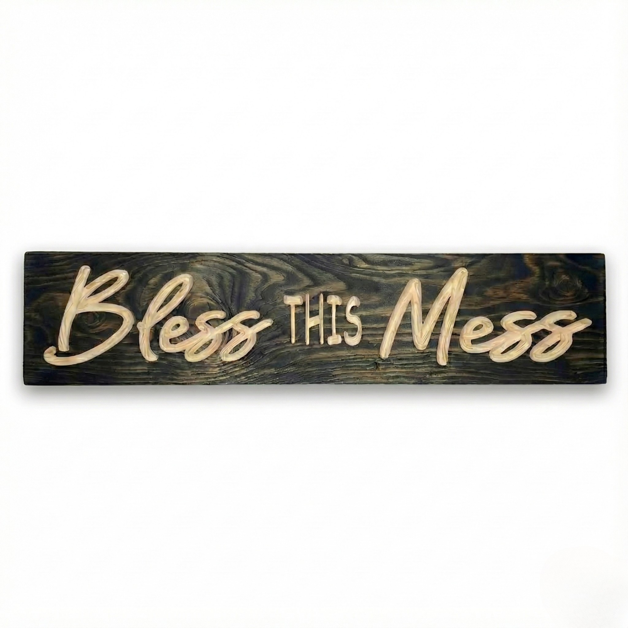 Rustic "Bless This Mess" sign carved in solid wood with dark stain by Bluegrass Gifts.