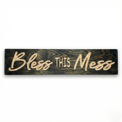 Rustic "Bless This Mess" sign carved in solid wood with dark stain by Bluegrass Gifts.