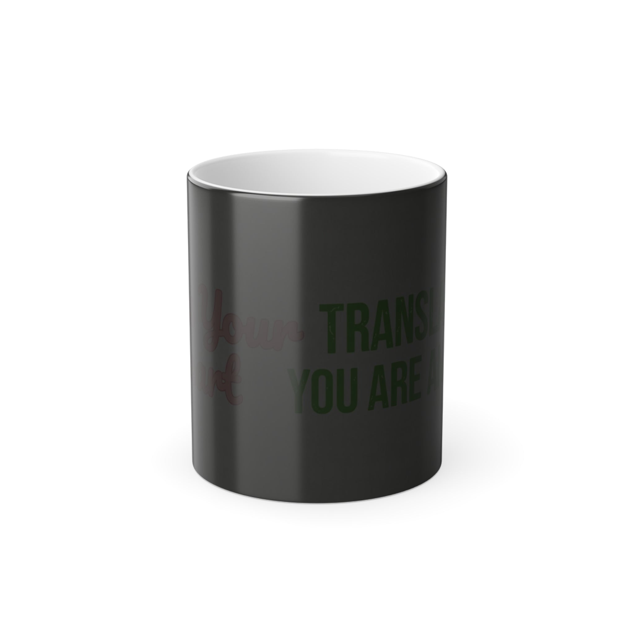 Front view of Bless Your Heart color changing magic mug shown cold and black with hidden sarcastic message.