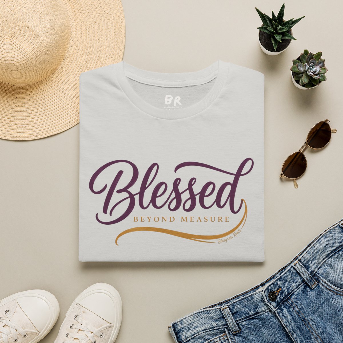 Blessed Shirt — "Blessed Beyond Measure" Script Tee in Ice Grey