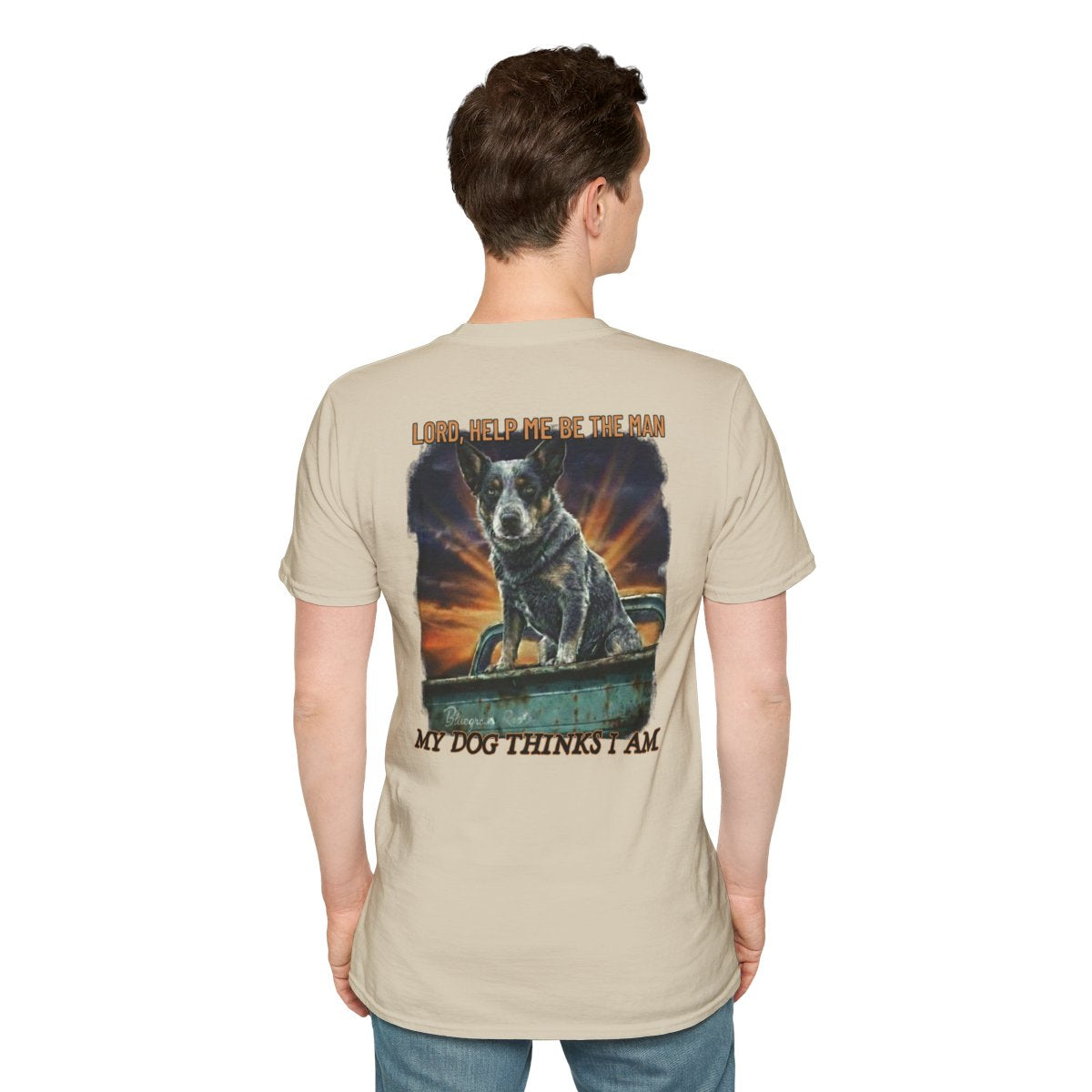 Blue Heeler Shirt — "Lord, Help Me" Vintage Truck Tee in Sand
