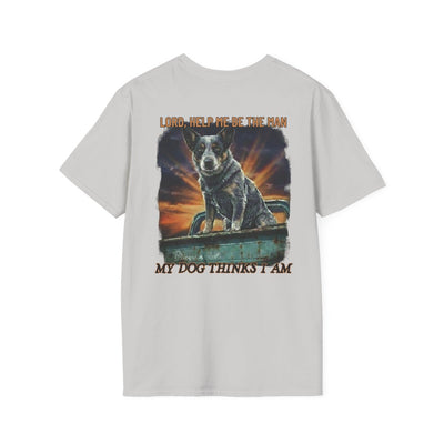 A light gray Blue Heeler Shirt is displayed flat from the back, showing the large dog and 'Lord, Help Me' text