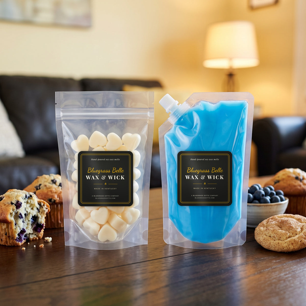 Blueberry Muffin Top squeeze wax melt pouch and wax melt tarts by Bluegrass Belle Wax & Wick