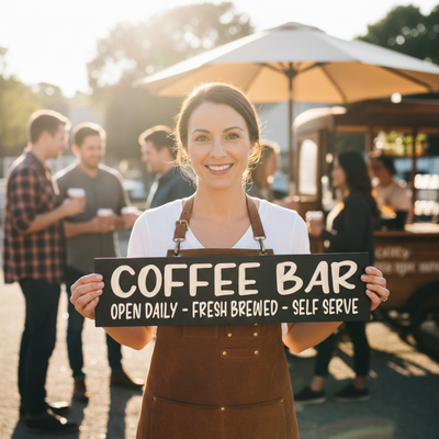 A smiling female artisan holding the "Coffee Bar" sign, emphasizing the "Handmade in Kentucky, USA" brand story.
