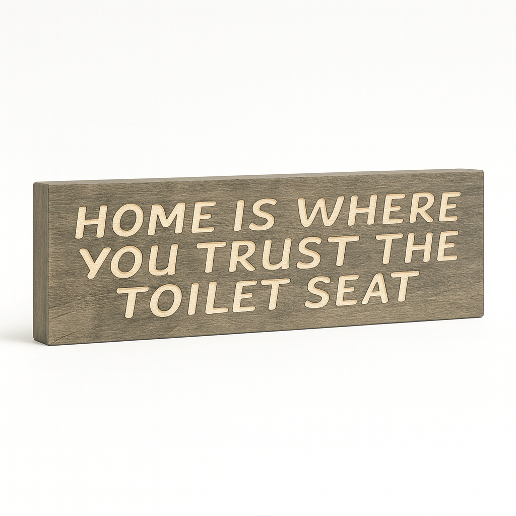 Angled wooden bathroom humor sign showing carved depth and wood grain, rustic farmhouse décor.