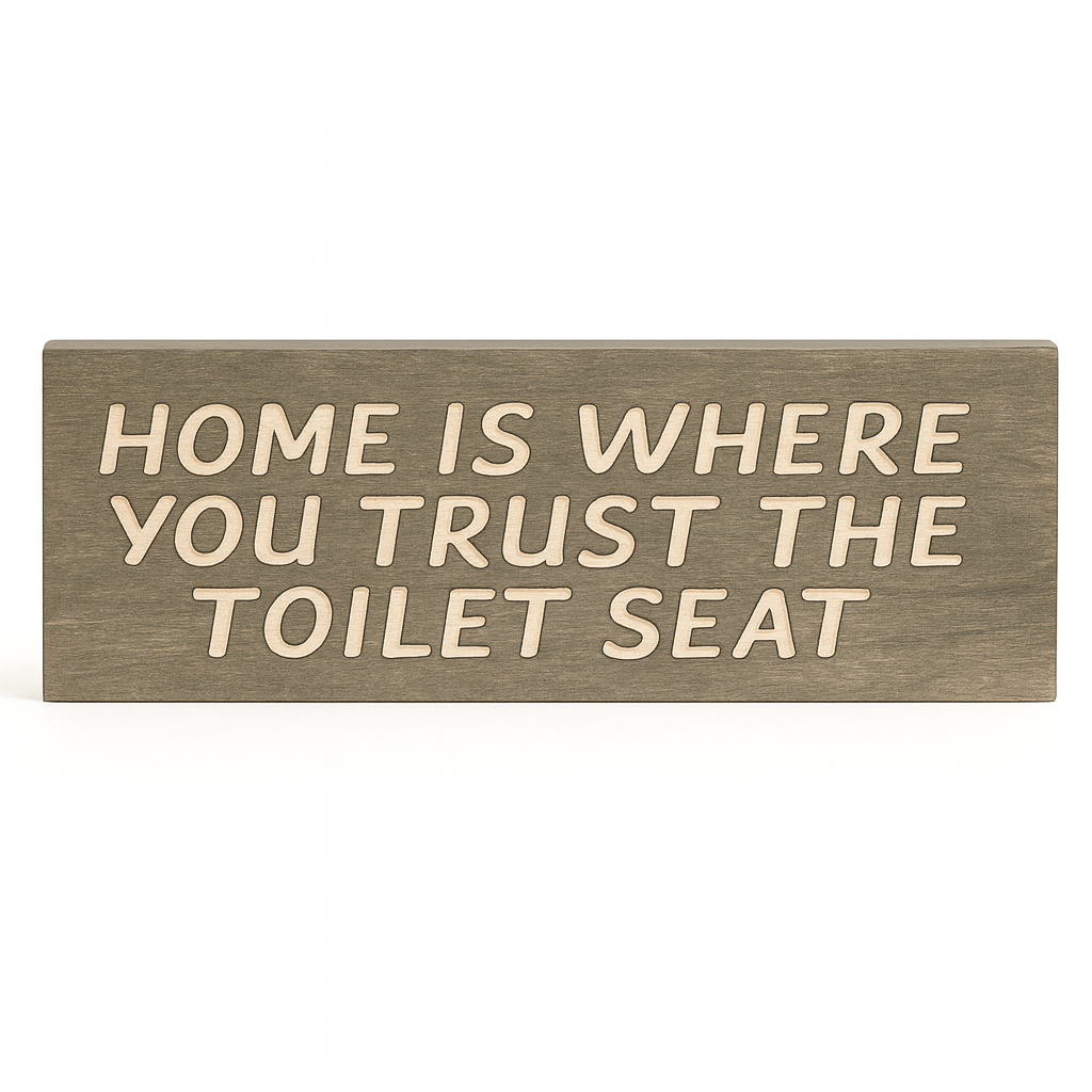Funny rustic wooden bathroom sign – “Home Is Where You Trust the Toilet Seat” on white background, farmhouse wall décor.