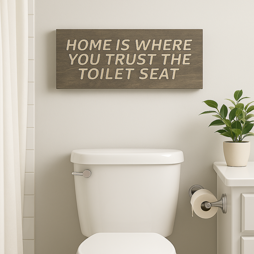 Funny farmhouse bathroom wall sign displayed above toilet, rustic bathroom décor.