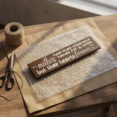 A handcrafted "Mothers" wood sign being carefully wrapped in bubble wrap and kraft paper for shipping by Bluegrass Gifts.