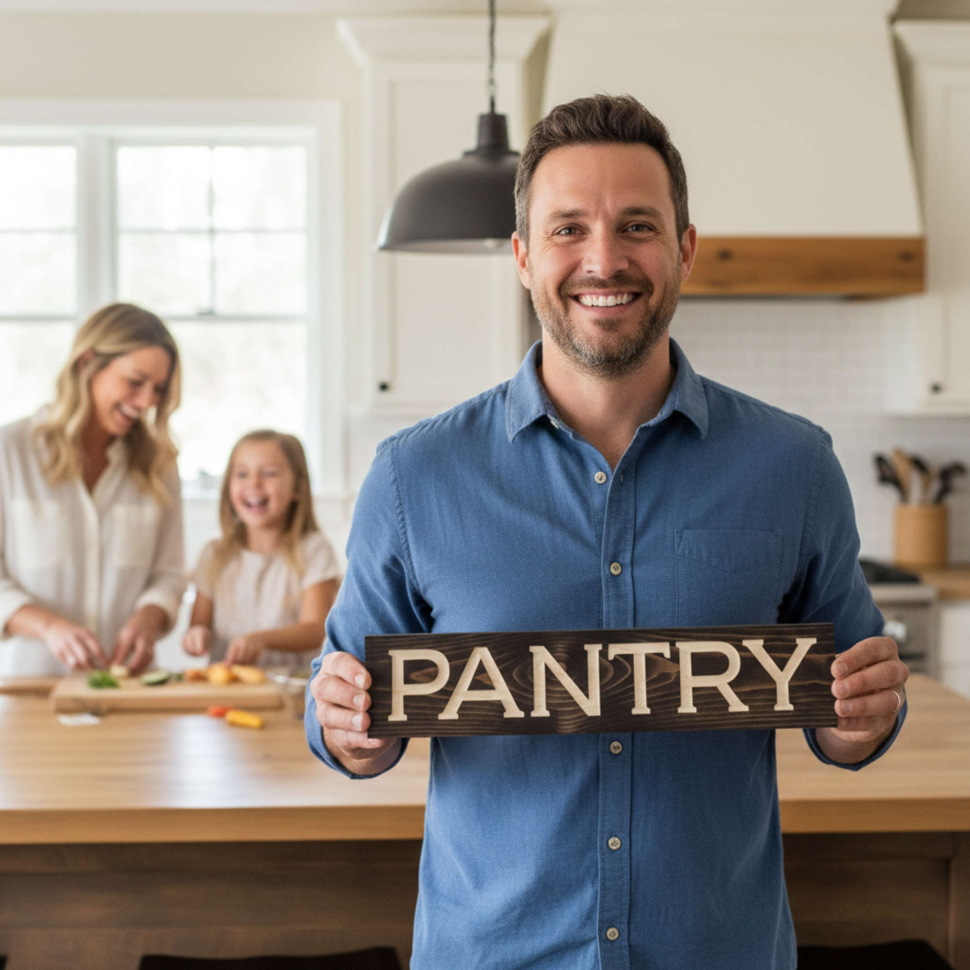 A smiling craftsman holding the finished PANTRY sign in a kitchen, representing the "Made in Kentucky" quality of Bluegrass Gifts.