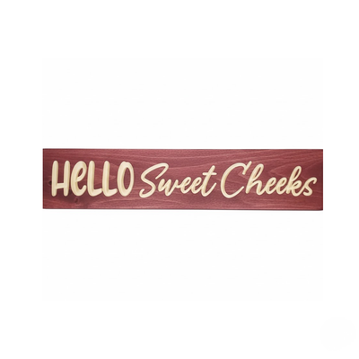 Handcrafted Hello Sweet Cheeks carved wood bathroom sign in Barn Red finish by Bluegrass Gifts.