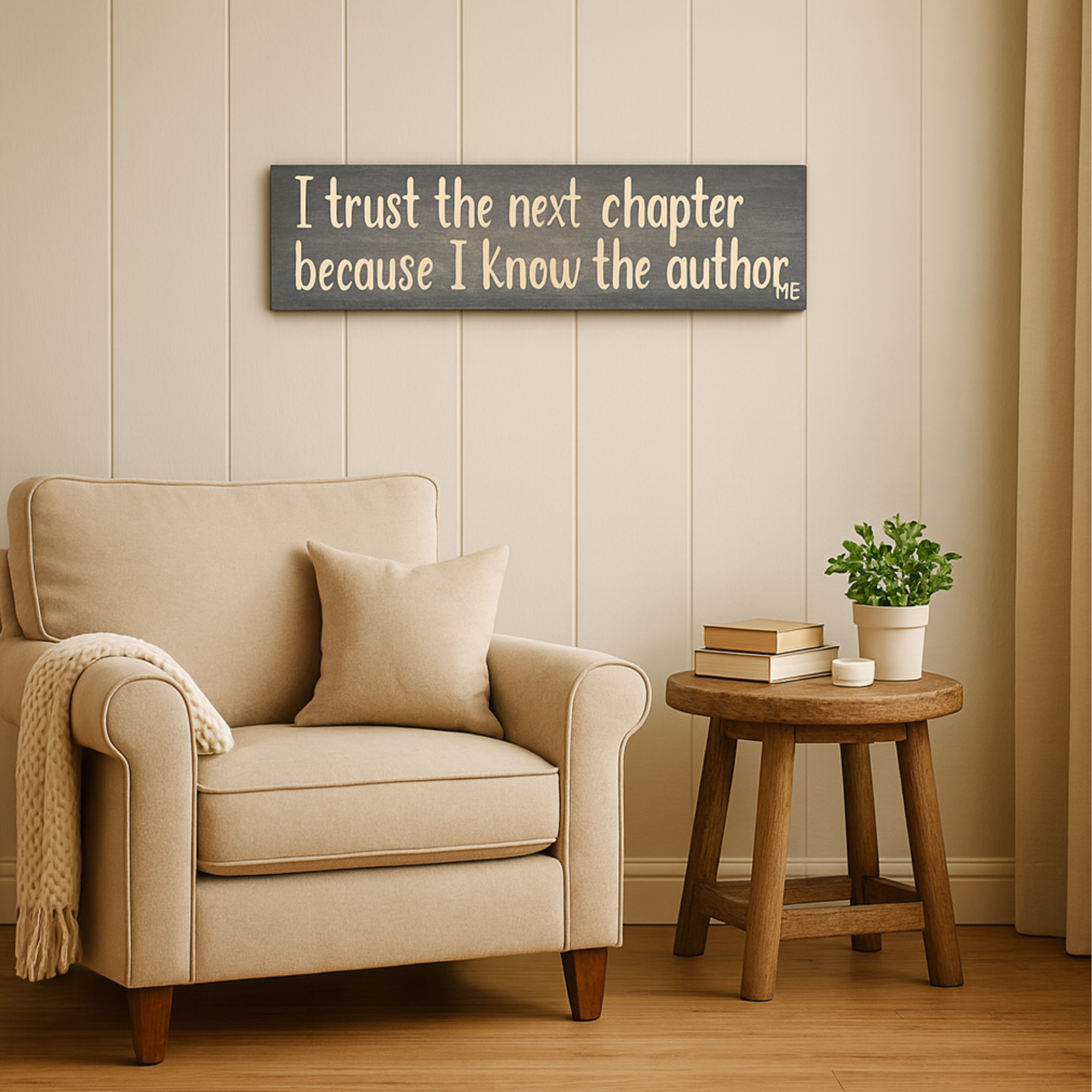 Inspirational wooden wall art displayed above cozy armchair in farmhouse living room setting