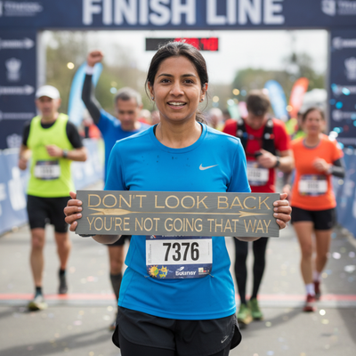 A marathon runner crossing a finish line holding the "Don't Look Back You're Not Going That Way" sign, symbolizing perseverance and growth.