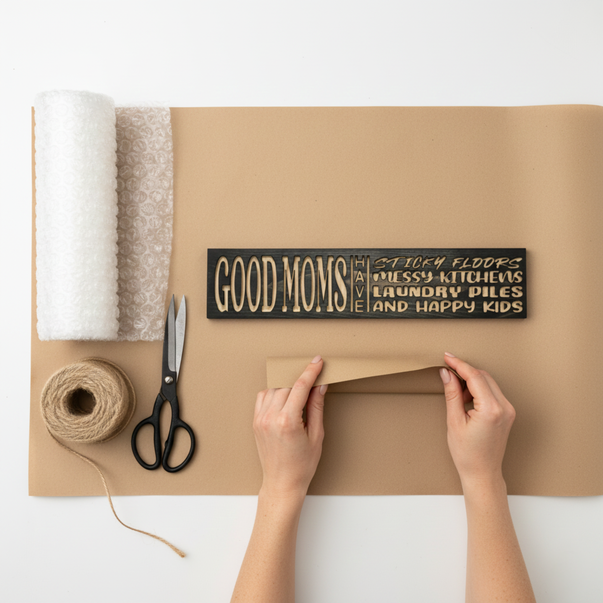 Craftsmanship at Bluegrass Gifts: A carved wooden sign being carefully hand-wrapped for shipping in Kentucky, USA.