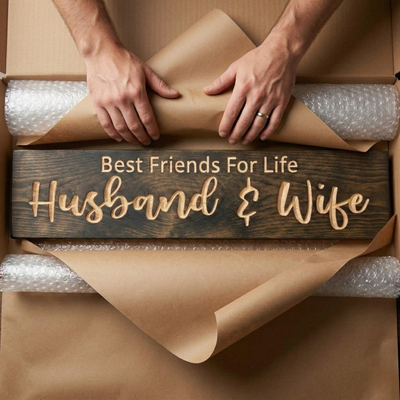 Unboxing experience of a Bluegrass Gifts carved wood sign, securely wrapped in professional packaging—the perfect ready-to-ship anniversary gift for couples.