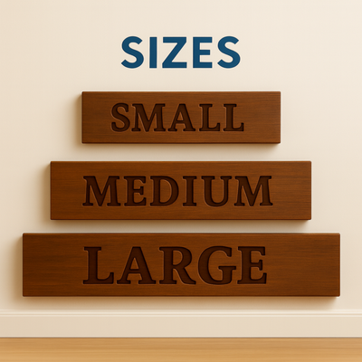 A visual size guide for Bluegrass Gifts wooden signs showing Small, Medium, and Large options stacked to demonstrate the scale and deep CNC-carved lettering of our solid wood products.
