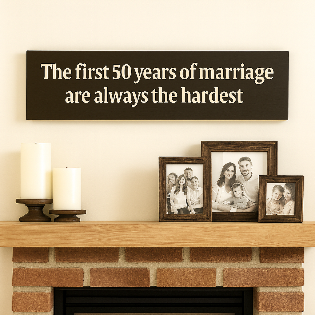 Rustic 50th anniversary sign styled above fireplace mantel with family photos and candles.