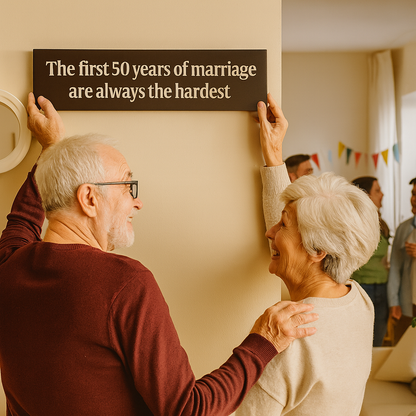 Elderly couple hanging wooden anniversary sign on wall during family gathering.