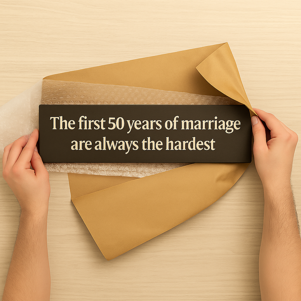 Wooden 50th anniversary marriage sign being unwrapped as a thoughtful gift.