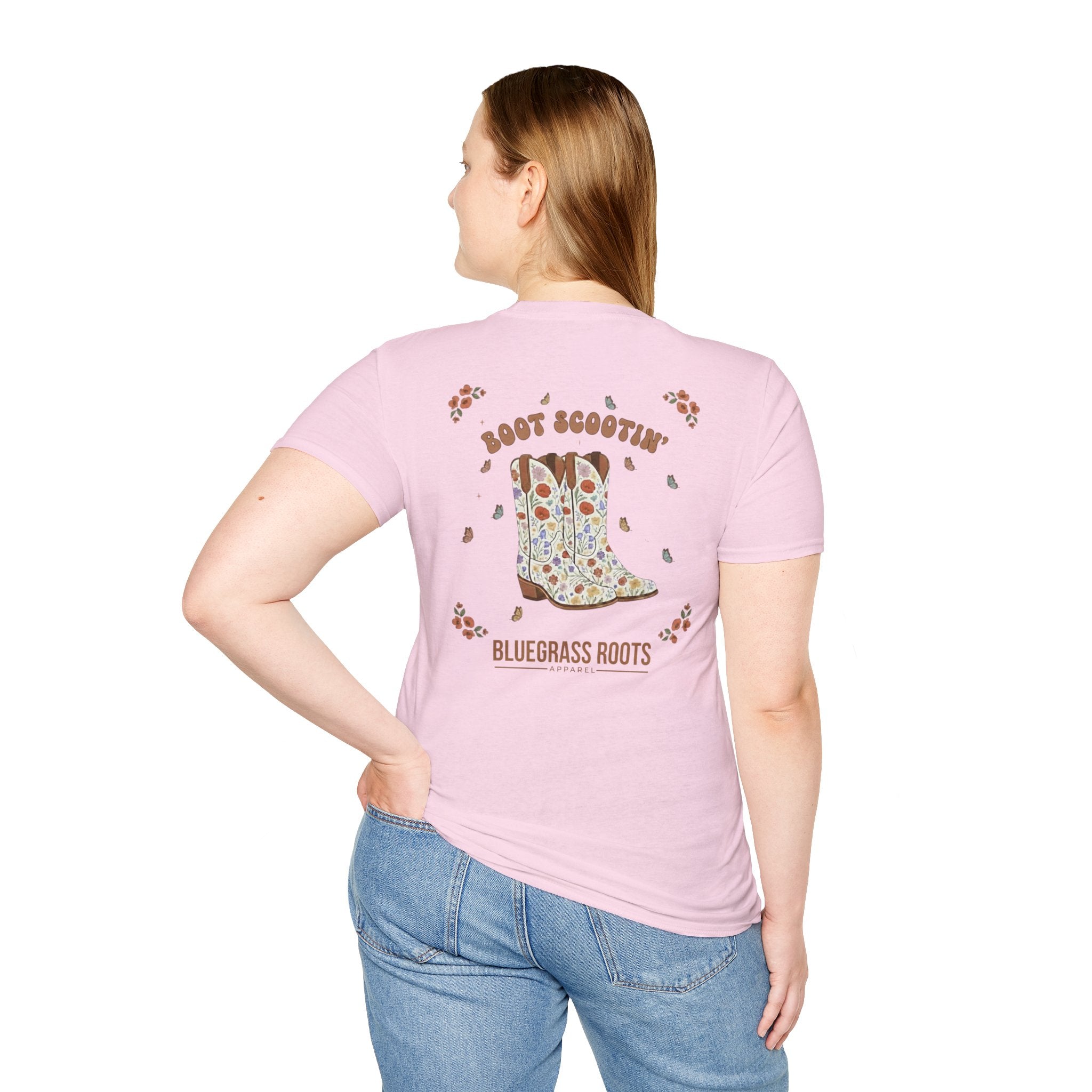 Boot Scootin’ Floral Western Boho Graphic Tee - graphic tee lifestyle model shot by Bluegrass Gifts