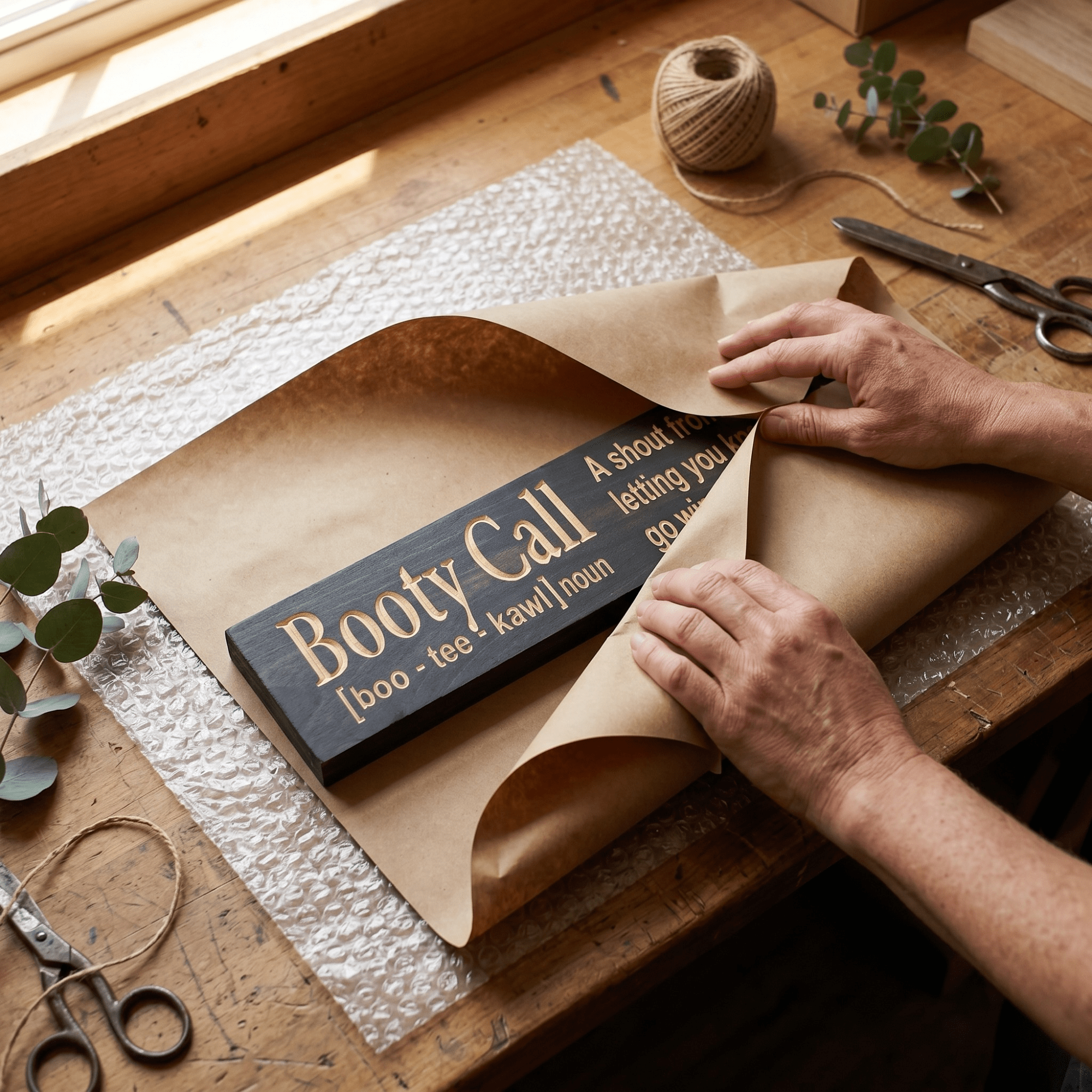 Booty Call wood sign being hand-wrapped in kraft paper and bubble wrap on a sunlit workbench at the Bluegrass Gifts Kentucky workshop