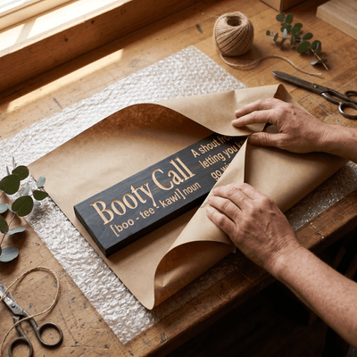 Booty Call wood sign being hand-wrapped in kraft paper and bubble wrap on a sunlit workbench at the Bluegrass Gifts Kentucky workshop
