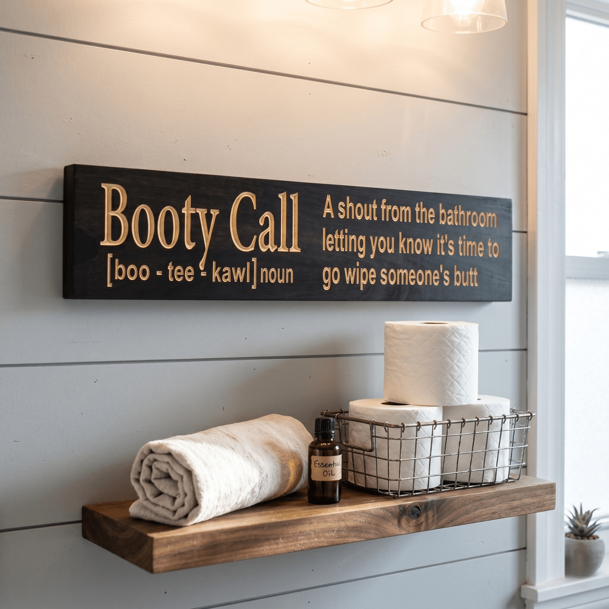 Booty Call funny bathroom sign hanging on white shiplap above a floating shelf with toilet paper, rolled towel, and essential oil bottle