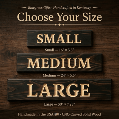 Booty Call wood sign size guide showing Small 16x3.5, Medium 24x5.5, and Large 30x7.25 inch CNC-carved options