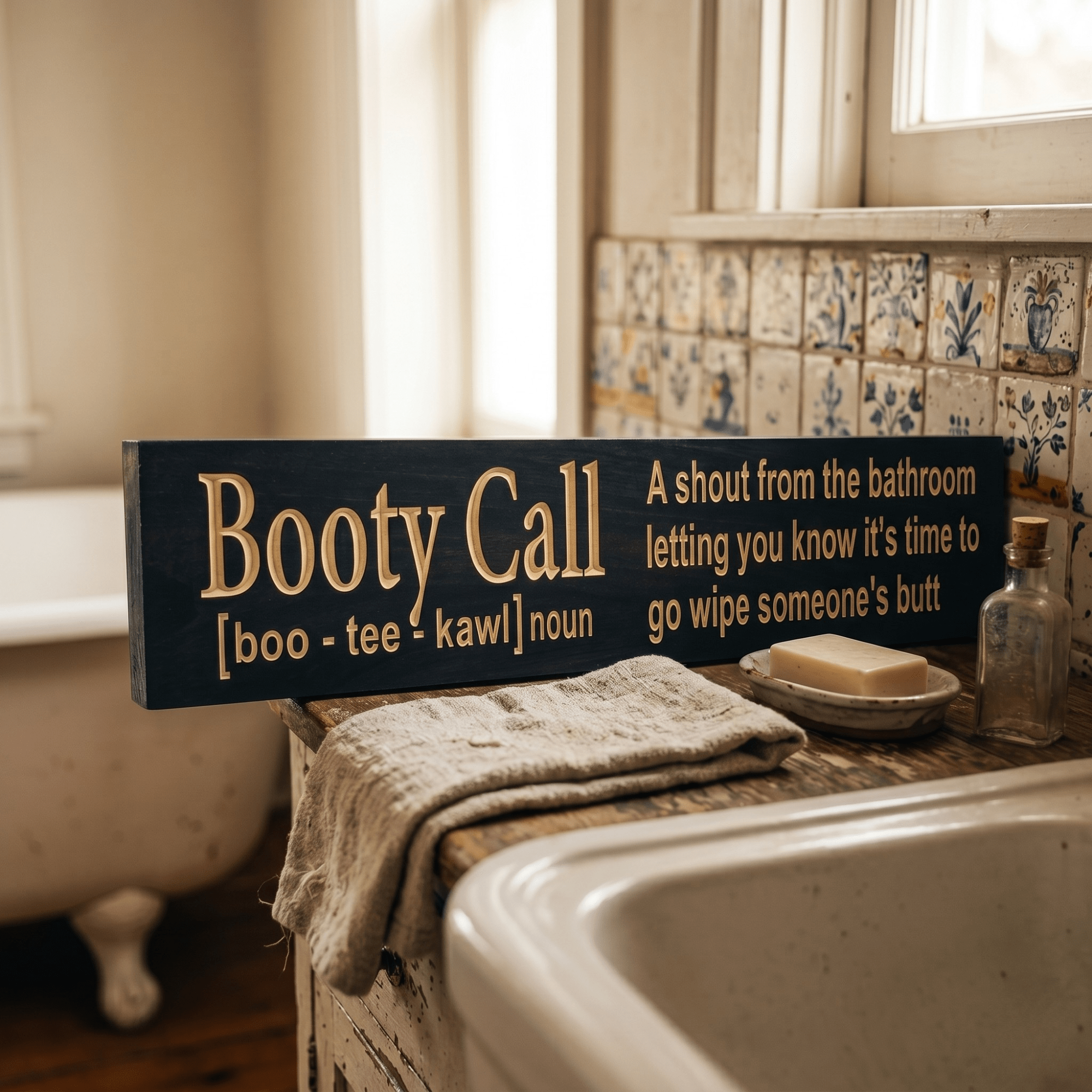 Booty Call funny CNC-carved wood sign displayed on a rustic vanity in a vintage cottage bathroom with clawfoot tub, soap dish, and decorative tile