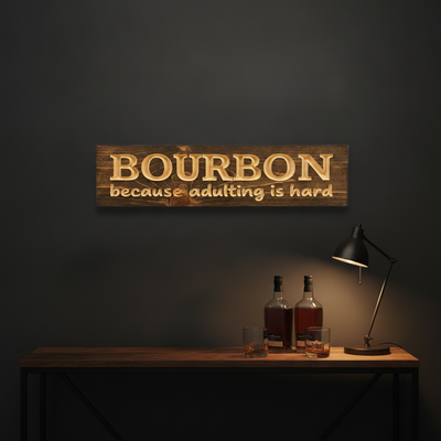 Adulting Sign — Bourbon Because Adulting Is Hard — styled in room — Bluegrass Gifts