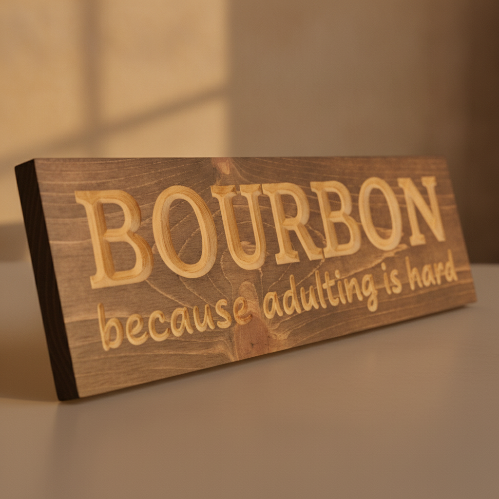 Adulting Sign — Bourbon Because Adulting Is Hard — carved wood sign — Bluegrass Gifts
