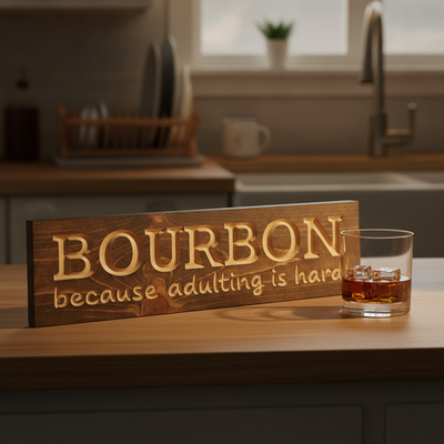 Adulting Sign — Bourbon Because Adulting Is Hard — styled in room — Bluegrass Gifts