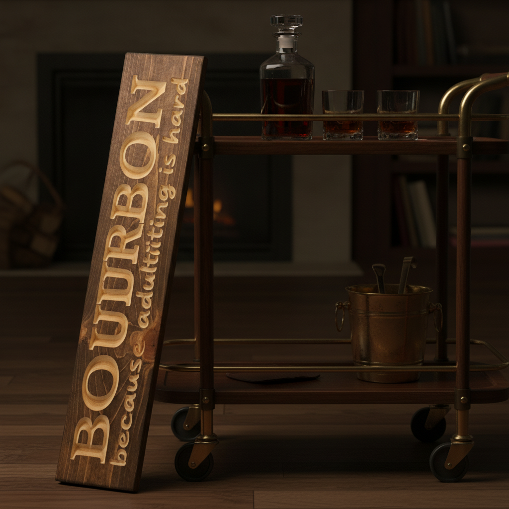 Adulting Sign — Bourbon Because Adulting Is Hard — styled in room — Bluegrass Gifts