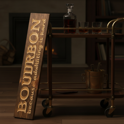Adulting Sign — Bourbon Because Adulting Is Hard — styled in room — Bluegrass Gifts