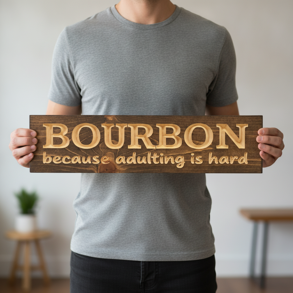 Adulting Sign — Bourbon Because Adulting Is Hard — shown to scale, held — Bluegrass Gifts