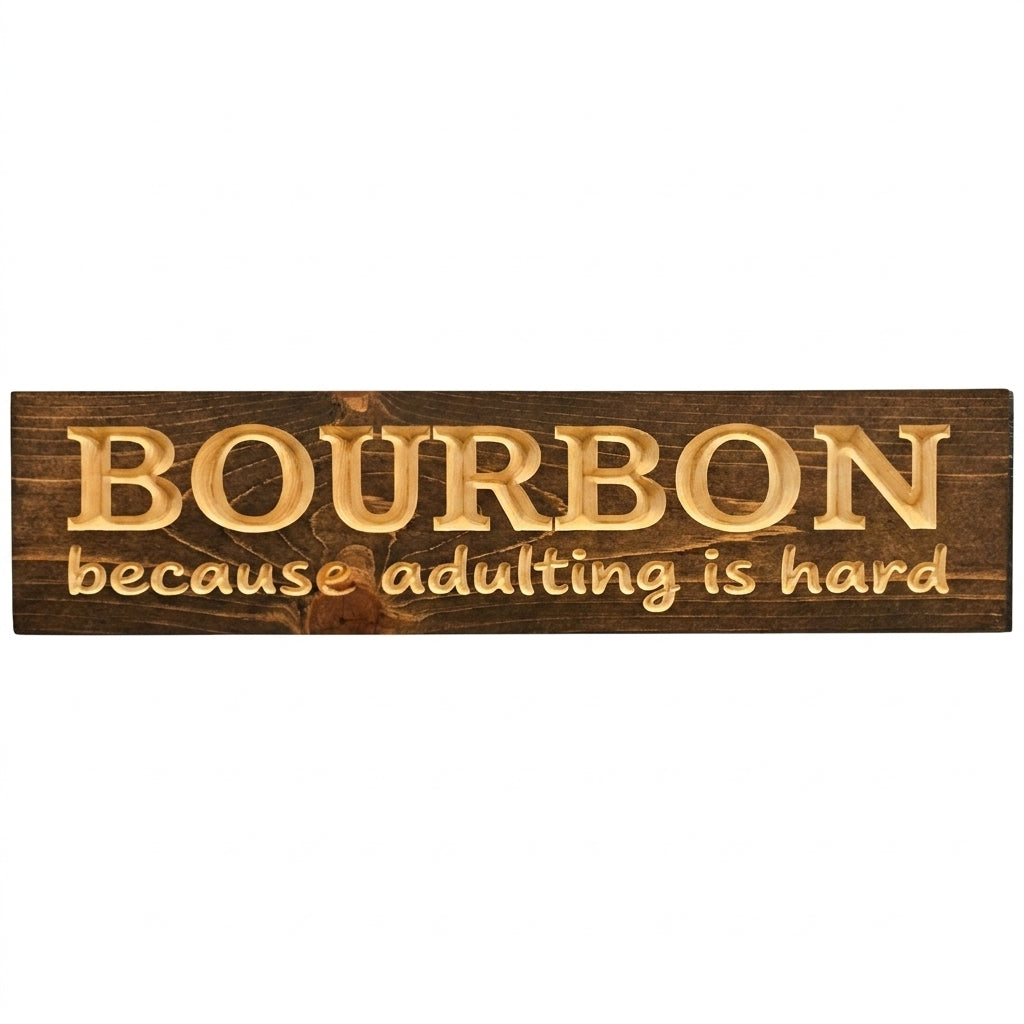 Adulting Sign — Bourbon Because Adulting Is Hard — carved wood sign — Bluegrass Gifts