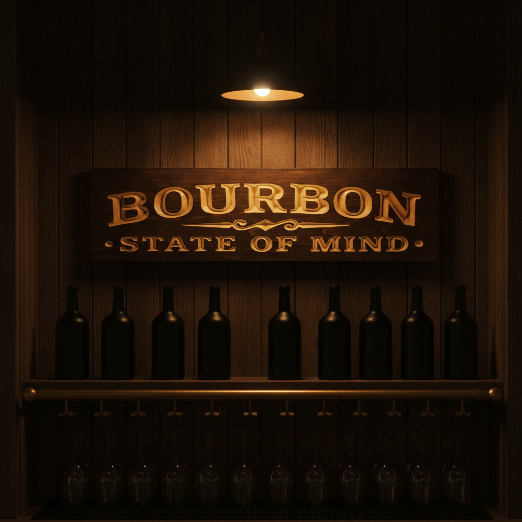 Tavern Sign — Bourbon State Of Mind Carved Wood — styled in room — Bluegrass Gifts
