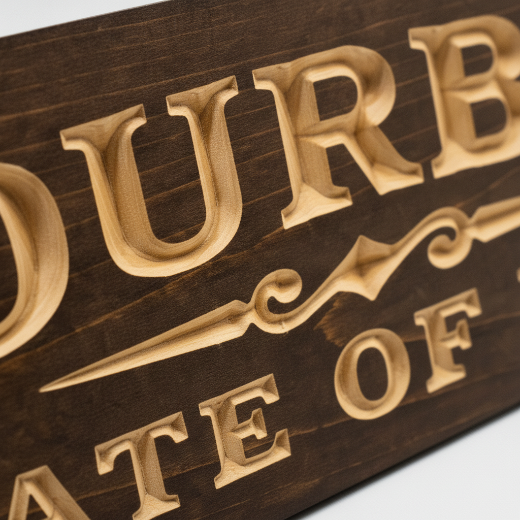 Tavern Sign — Bourbon State Of Mind Carved Wood — carved lettering detail — Bluegrass Gifts