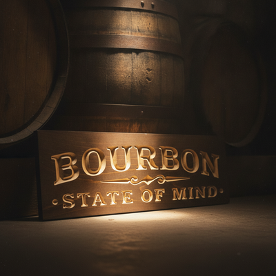 Tavern Sign — Bourbon State Of Mind Carved Wood — styled in room — Bluegrass Gifts