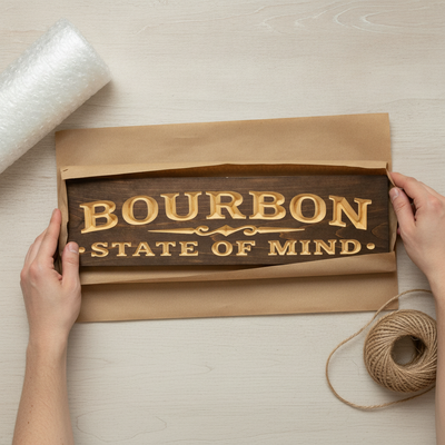 Tavern Sign — Bourbon State Of Mind Carved Wood — gift-ready packaging — Bluegrass Gifts