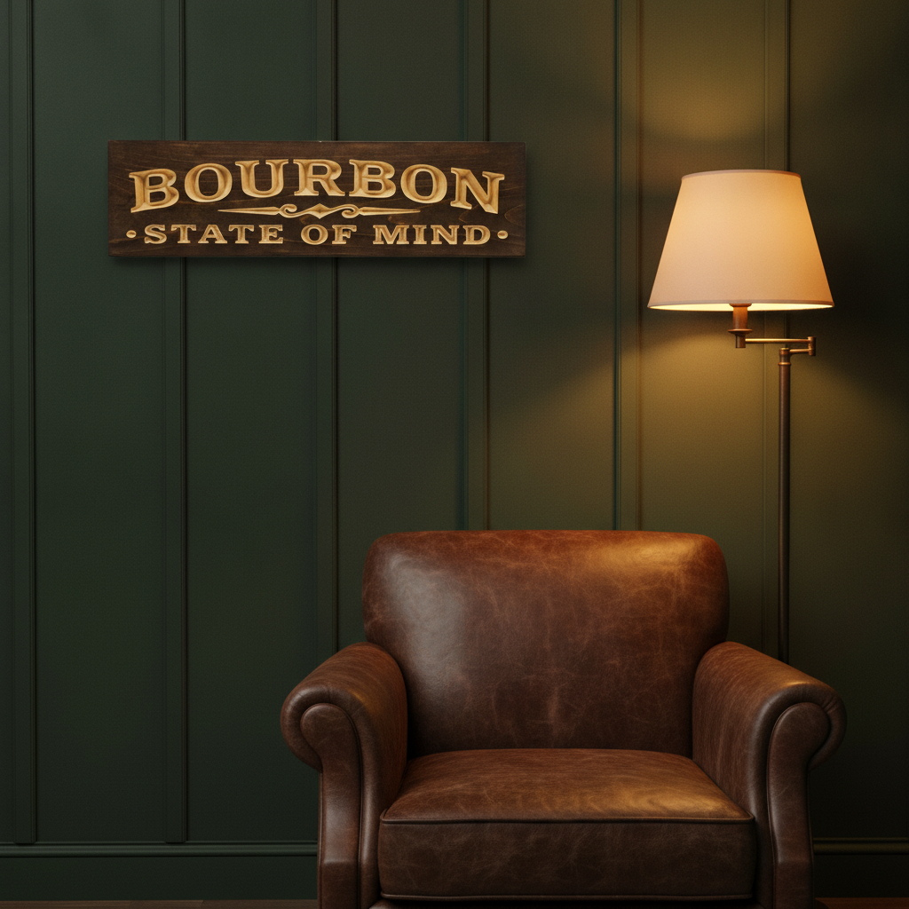 Tavern Sign — Bourbon State Of Mind Carved Wood — styled on wall — Bluegrass Gifts